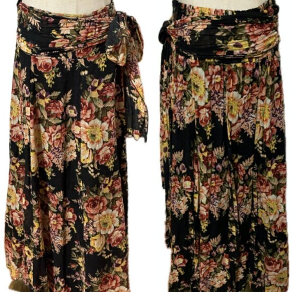FLORAL BLACK MULTICOLOR BOHO SHEER COTTON LINED MAXI SKIRT LOW RISE W SASH SZ M - Picture 8 of 9